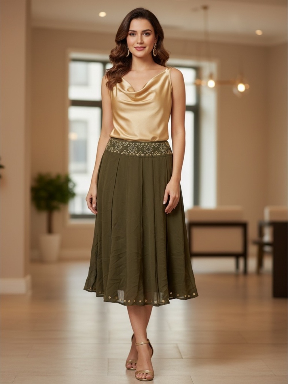 Worthington Olive Midi Skirt with Embroidered Waist